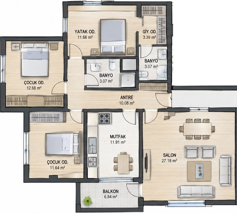 3 Zimmer Grundriss Block D-E Typ 1