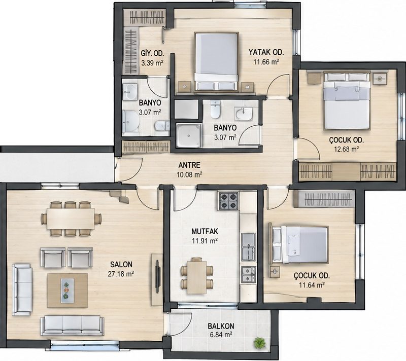3 Zimmer Grundriss Block D-E Typ 2